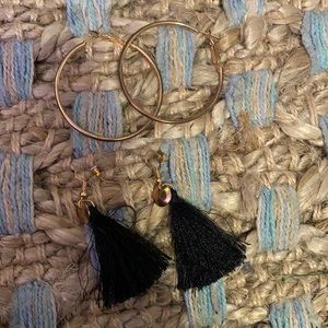 small gold hoops// black tassel dangle earrings.